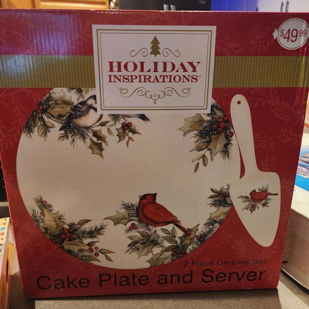 New holiday cake platter set 12” Round Cardinal Cake Plate With Cake Server A3 - Picture 3 of 7